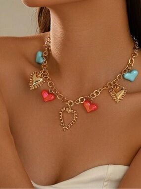 Gold Heart Charm Necklace with Red and Turquoise Hearts